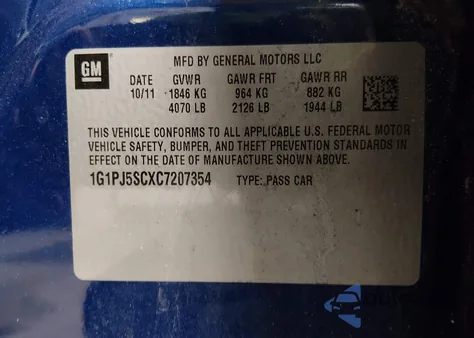 2012 Chevrolet Cruze Eco z USA, uszkodzony, nr VIN 1G1PJ5SCXC7207354